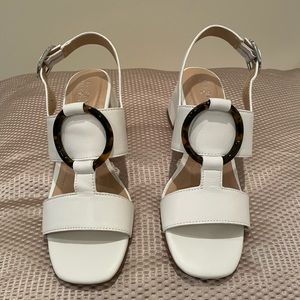 NIB ALFANI white slipon slingback T strap square heel tortoiseshell hoop 8.5 6.5